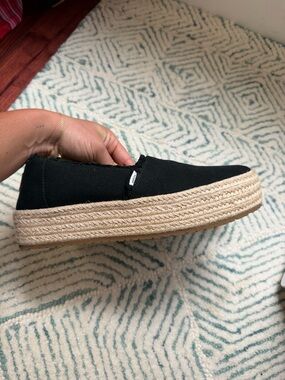 TOMS Black Canvas Espadrille Platform Slip-Ons